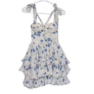 Strangers & Lovers Floral Ruffle Mini HOCO Dress White Blue Gold Beige S fits XS